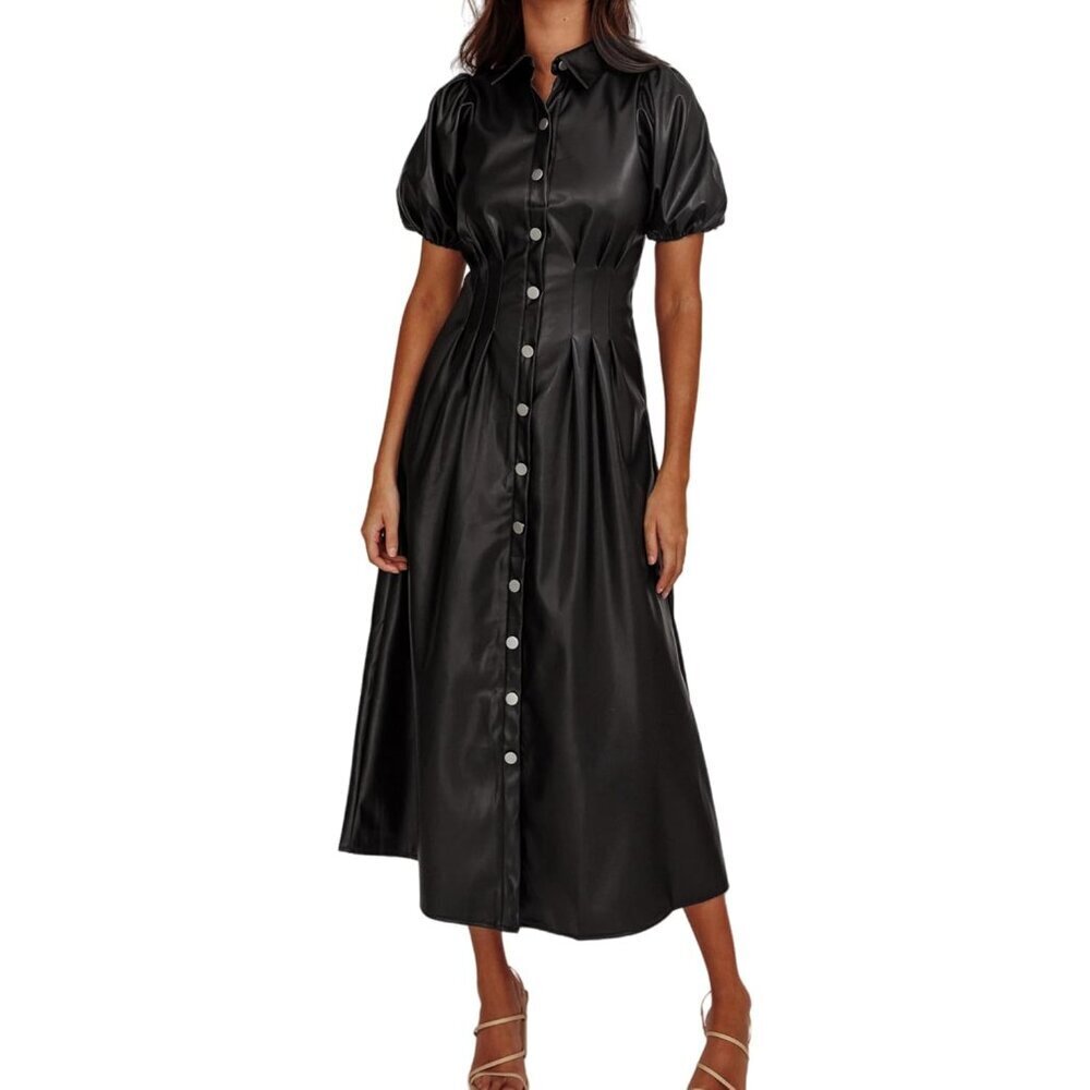 Womens Faux Leather Midi Dress V-Neck Short Sleeves Button A-Line Elegant